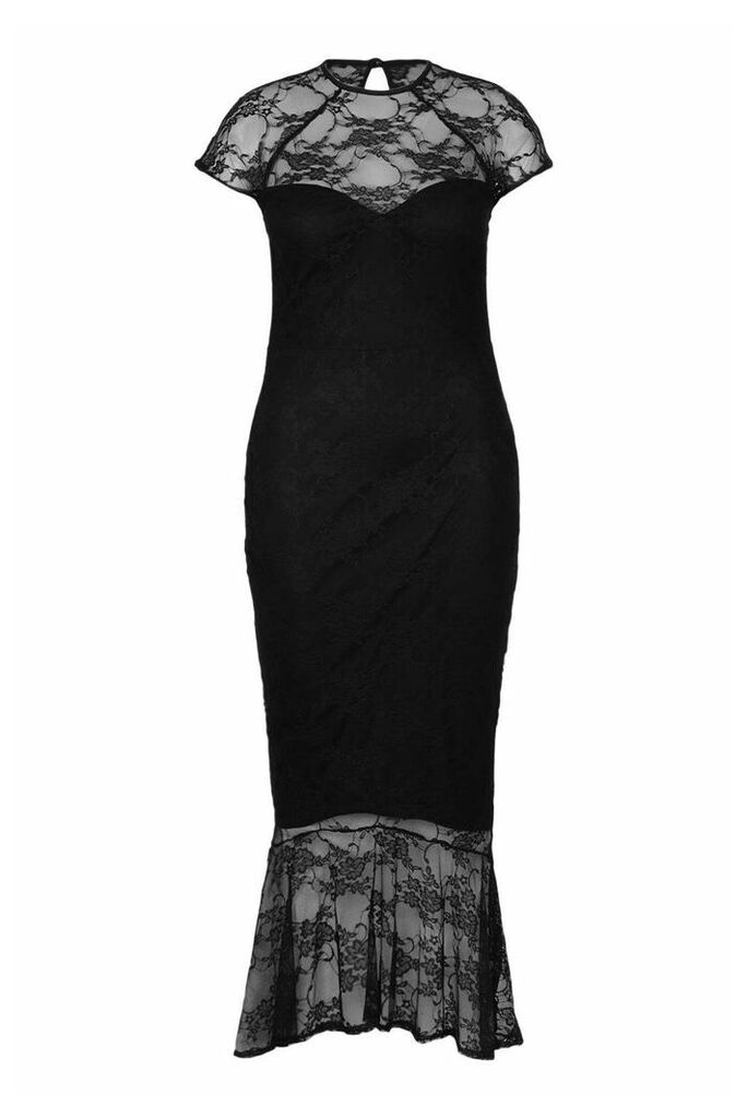 Womens Plus Lace Cap Sleeve Fishtail Maxi Dress - Black - 22, Black