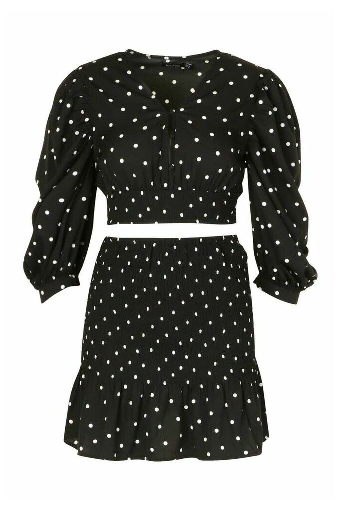 Womens Polka Dot Shirred Puff Sleeve Top And Skirt Co-Ord - Black - 14, Black