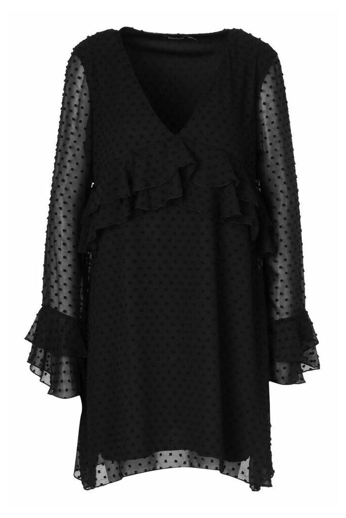 Womens Dobby Frill Smock Dress - Black - 12, Black