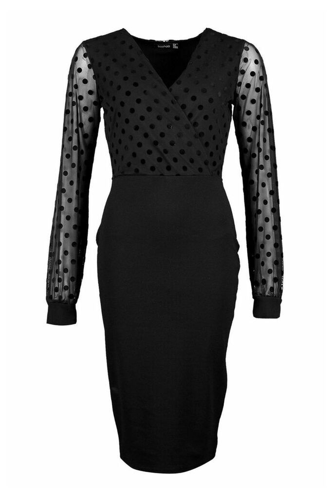 Womens Polka Dot Mesh Sleeve Wrap Midi Dress - Black - 12, Black