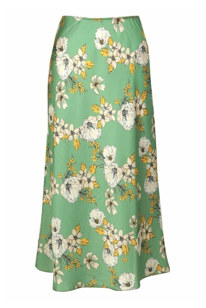 Womens Tall Satin Floral Print Midi Skirt - Green - 16, Green
