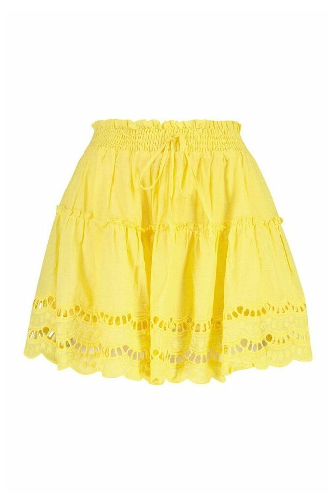 Womens Broderie Anglaise Hem Flippy Skirt - Yellow - Xs, Yellow