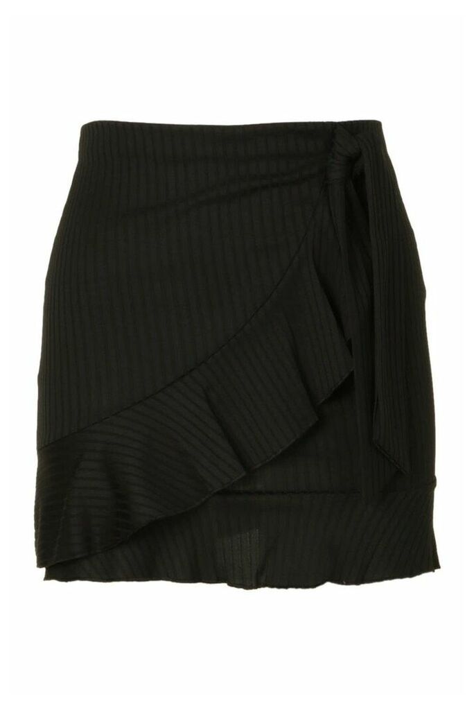 Womens Petite Frill Edge Wrap Skirt - Black - 14, Black