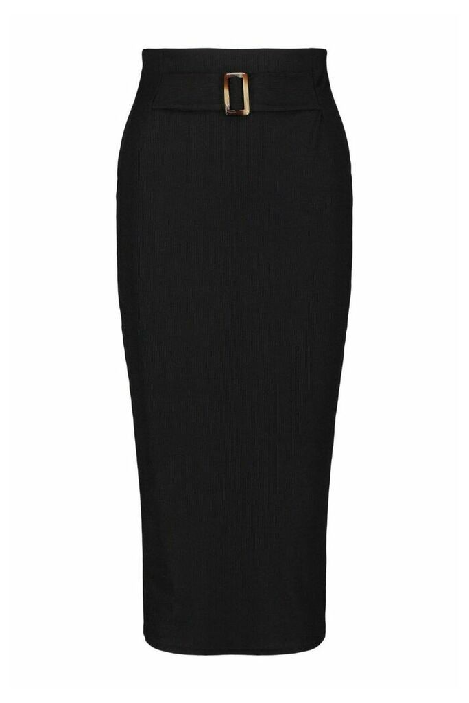 Womens Rib Midi Skirt With Buckle Front - Black - 12, Black