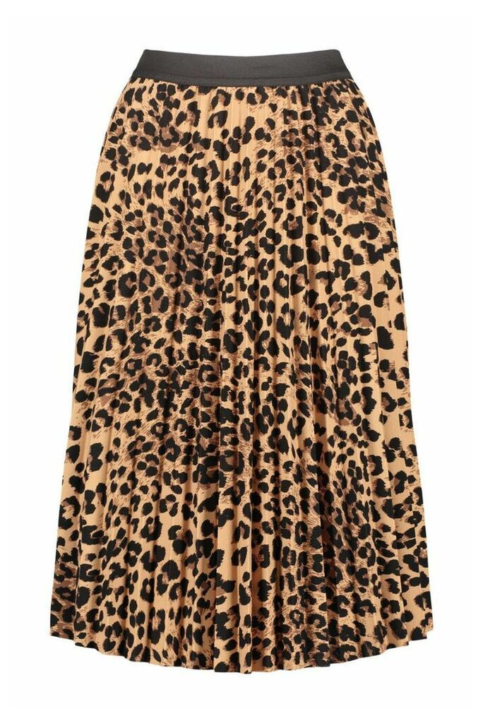 Womens Leopard Midi Skirt - Brown - 12, Brown