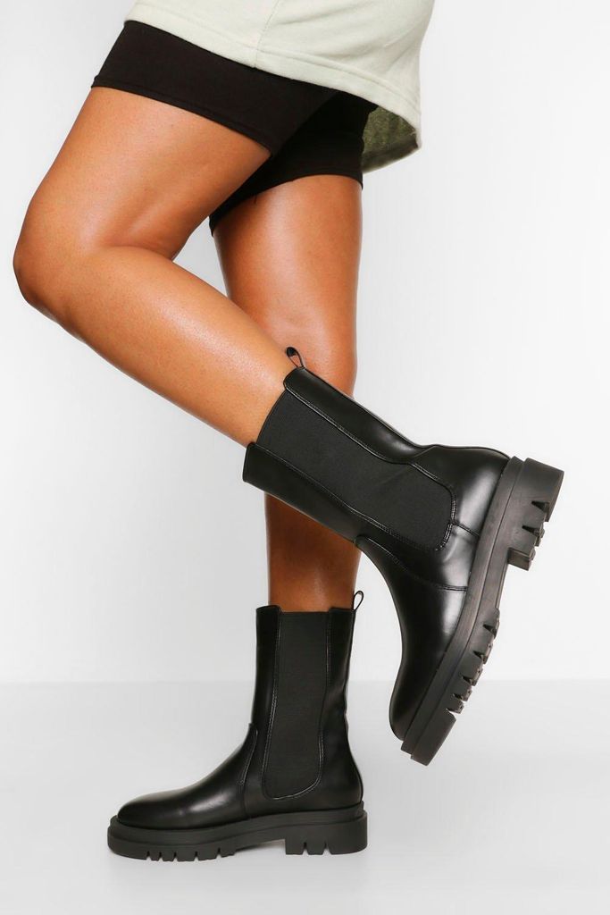Womens Calf High Chunky Sole Chelsea Boots - Black - 3, Black