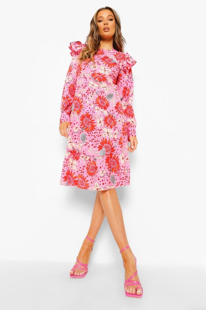 Womens Floral Long Sleeve Frill Shoulder Midi Dress - Pink - 8, Pink