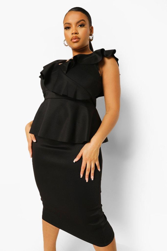 Womens Plus Occasion Ruffle Peplum Midi Dress - Black - 28, Black