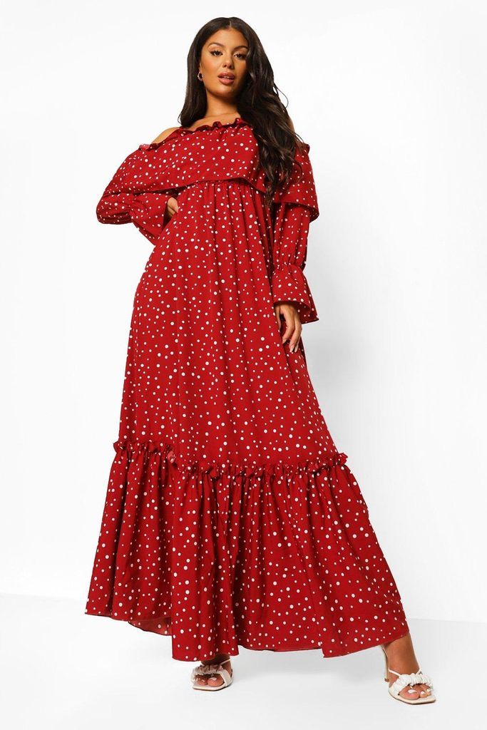 Womens Polka Dot Cold Shoulder Ruffle Maxi Dress - Red - 16, Red