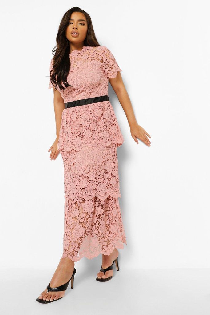 Womens Plus Occasion Lace Tiered Midaxi Dress - Pink - 16, Pink