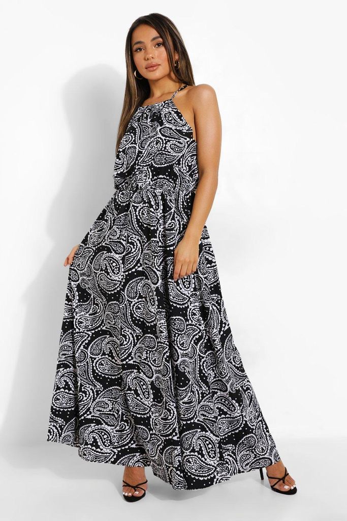 Womens Petite Paisley Print Halter Maxi Dress - Black - 4, Black