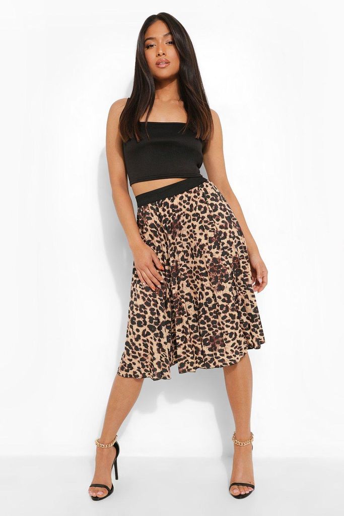 Womens Petite Leopard Print Pleated Midi Skirt - Brown - Xs, Brown