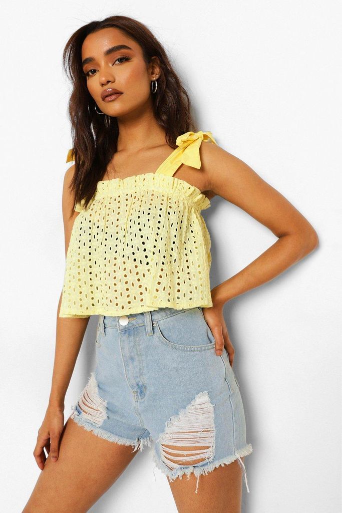 Womens Petite Broderie Tie Shoulder Cami Top - Yellow - 8, Yellow