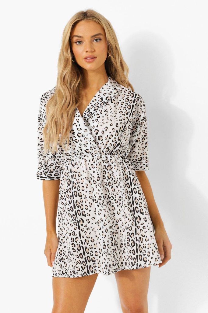 Womens Leopard Print Open Collar Smock Dress - White - 10, White