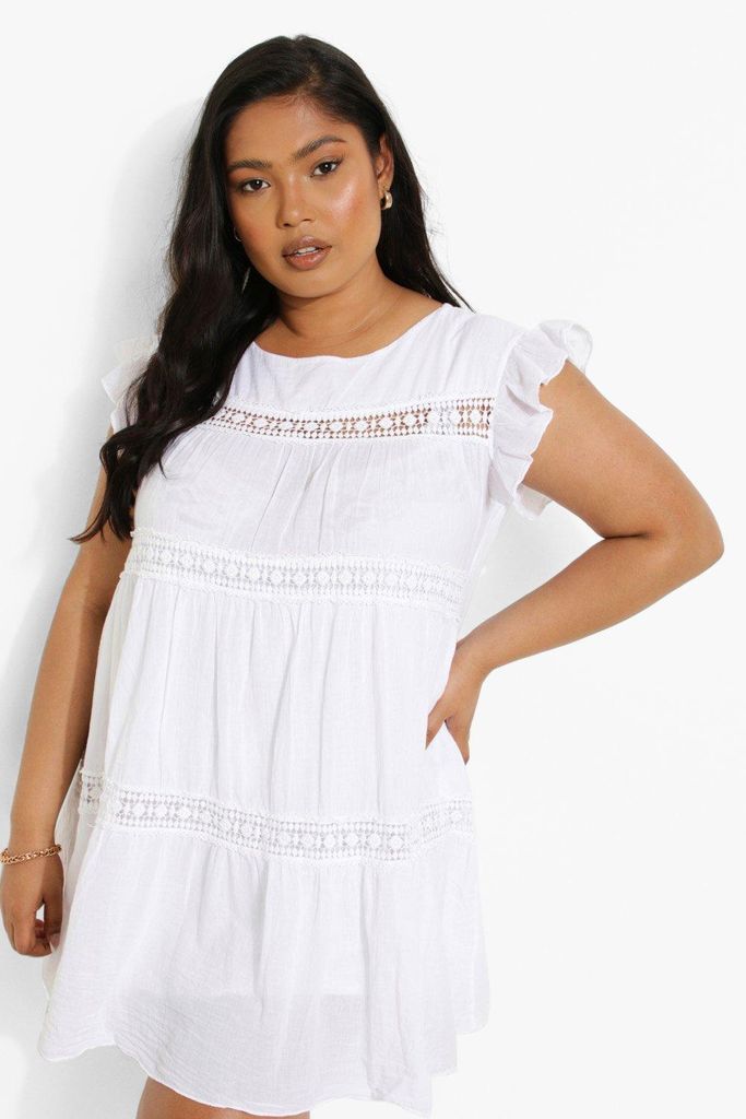 Womens Plus Crochet Trim Smock Dress - White - 16, White