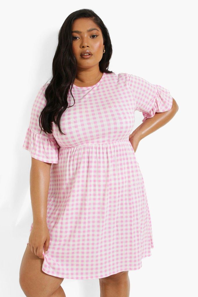 Womens Plus Jersey Gingham Smock Dress - Pink - 16, Pink