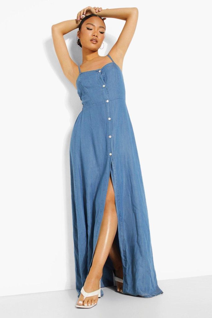 Womens Petite Button Front Split Denim Maxi Dress - Blue - 4, Blue