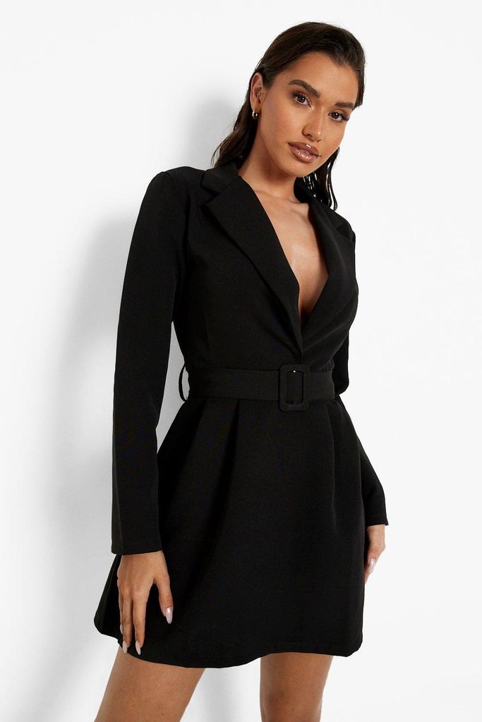 Womens Self Fabric Belted Fit & Flare Blazer Dress - Black - 12, Black