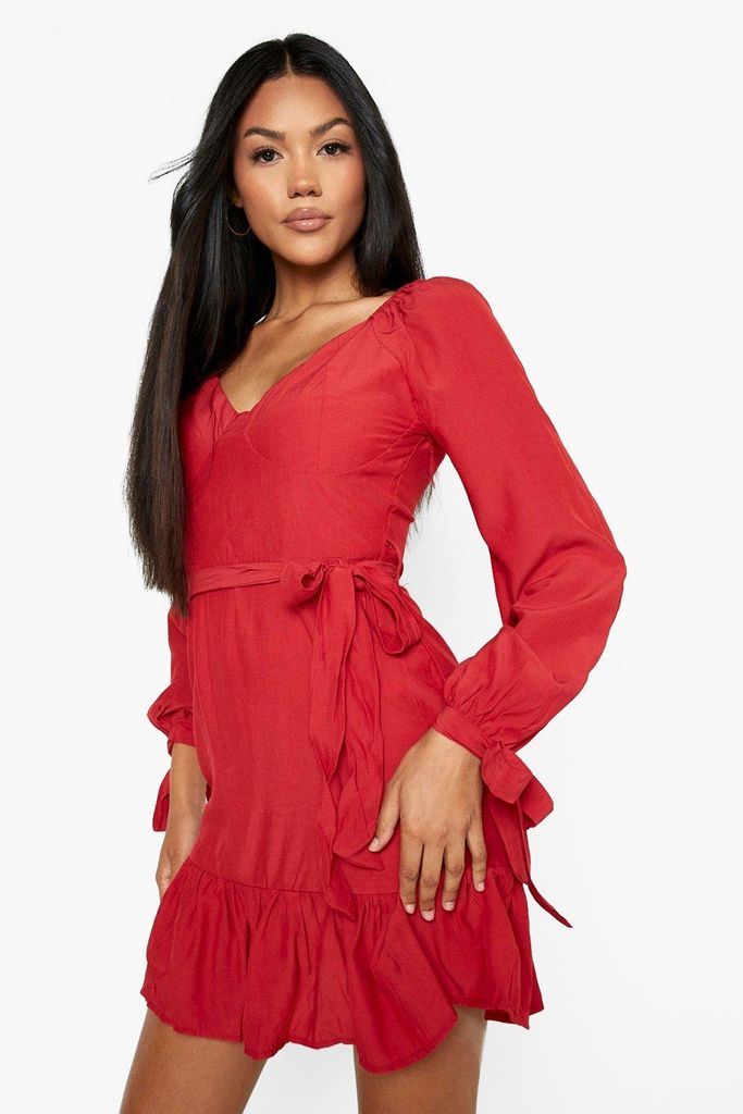 Womens Cup Detail Tie Waist Skater Dress - Red - 8, Red