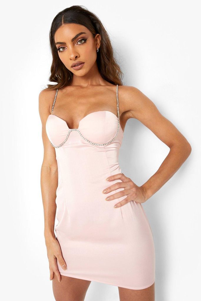 Womens Diamante Strap Under Bust Bodycon Mini Dress - Pink - 14, Pink