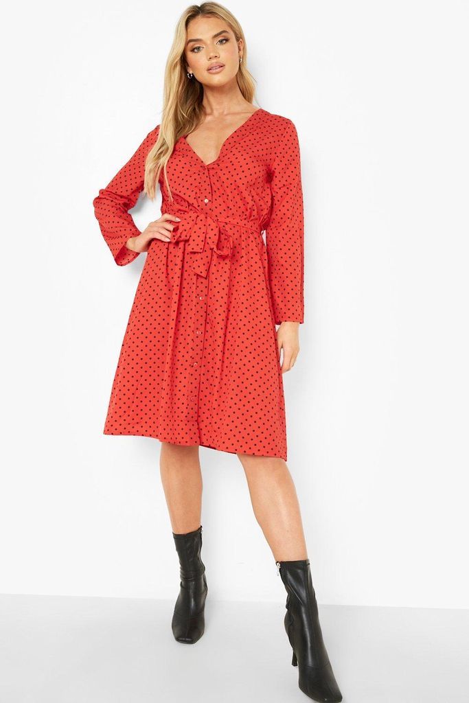 Womens Polka Dot Button Front Belted Midi Dress - Red - 8, Red