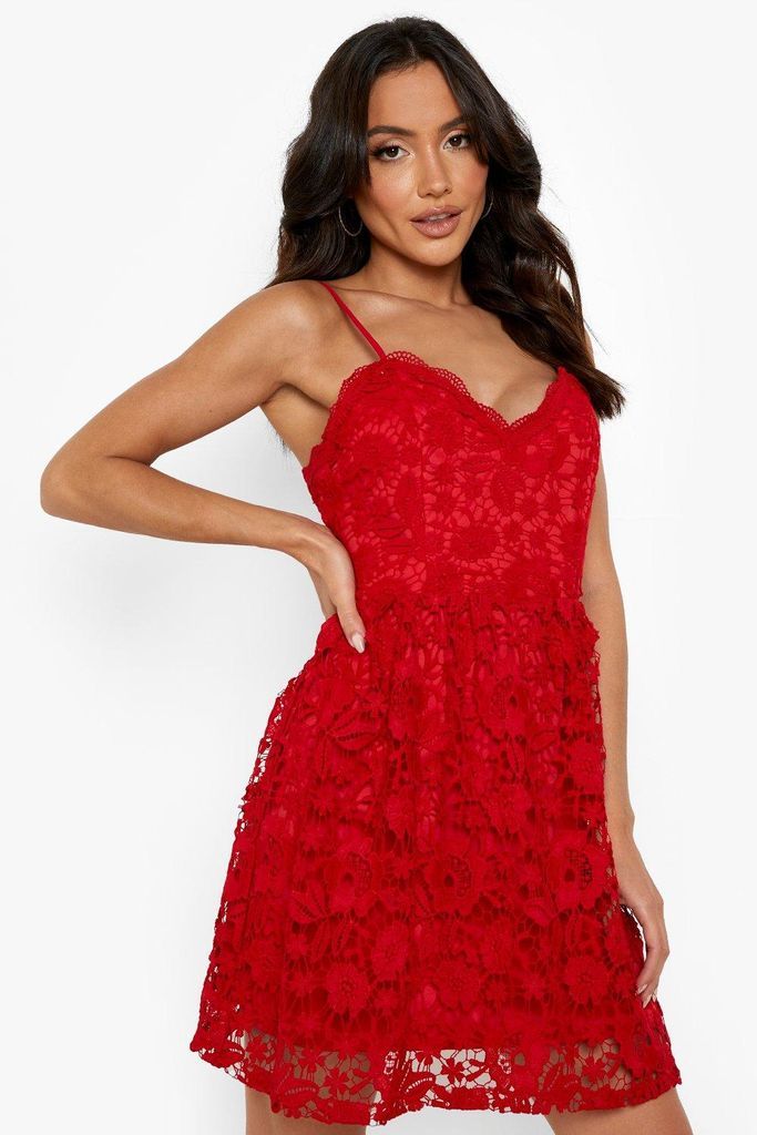 Womens Strappy Crochet Lace Skater Mini Dress - Red - 8, Red