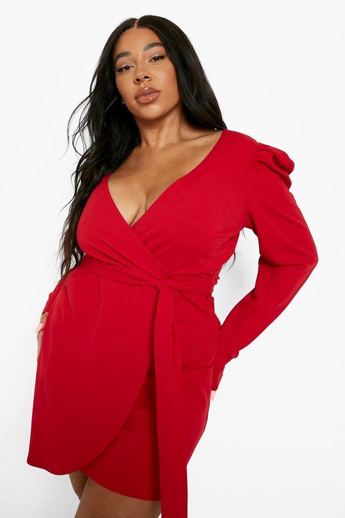 Womens Plus Wrap Belted Puff Sleeve Dress - Red - 28, Red