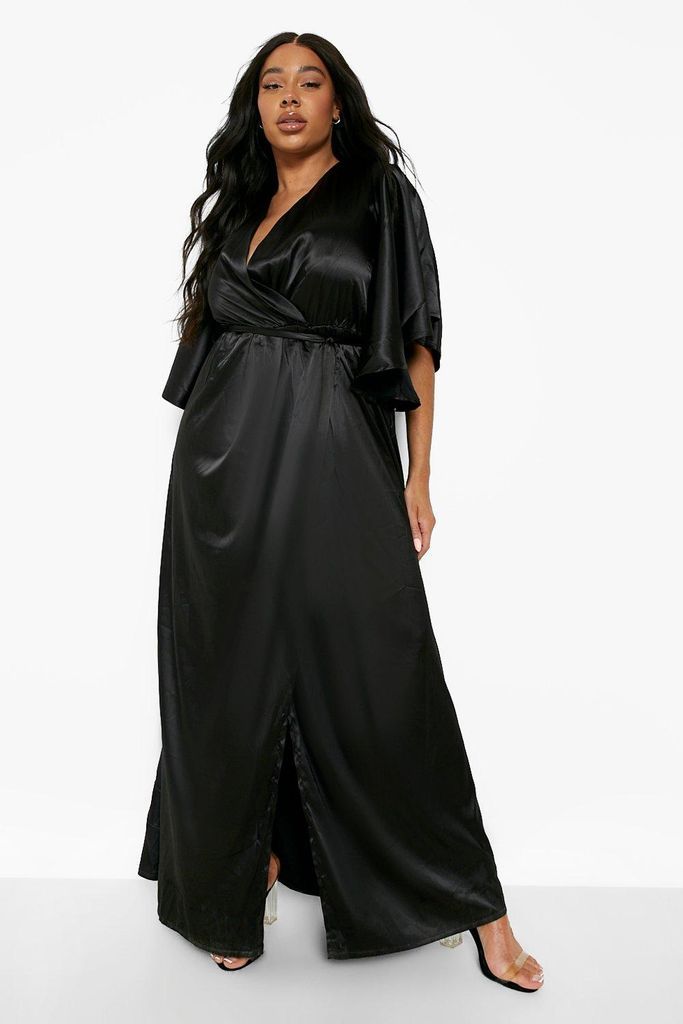 Womens Plus Angel Sleeve Satin Maxi Dress - Black - 16, Black