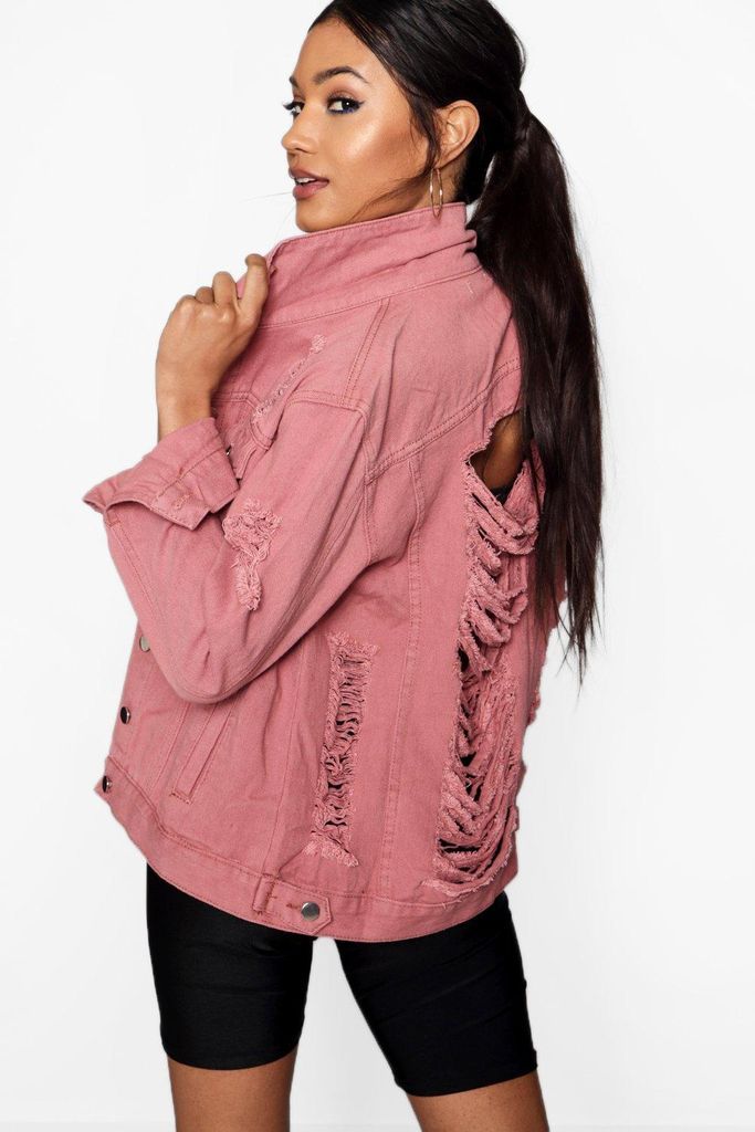 Womens Distressed Oversized Denim Jacket - Pink - 6, Pink