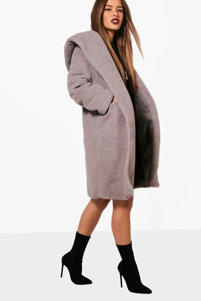 Womens Petite Oversized Hooded Teddy Coat - Grey - 4, Grey