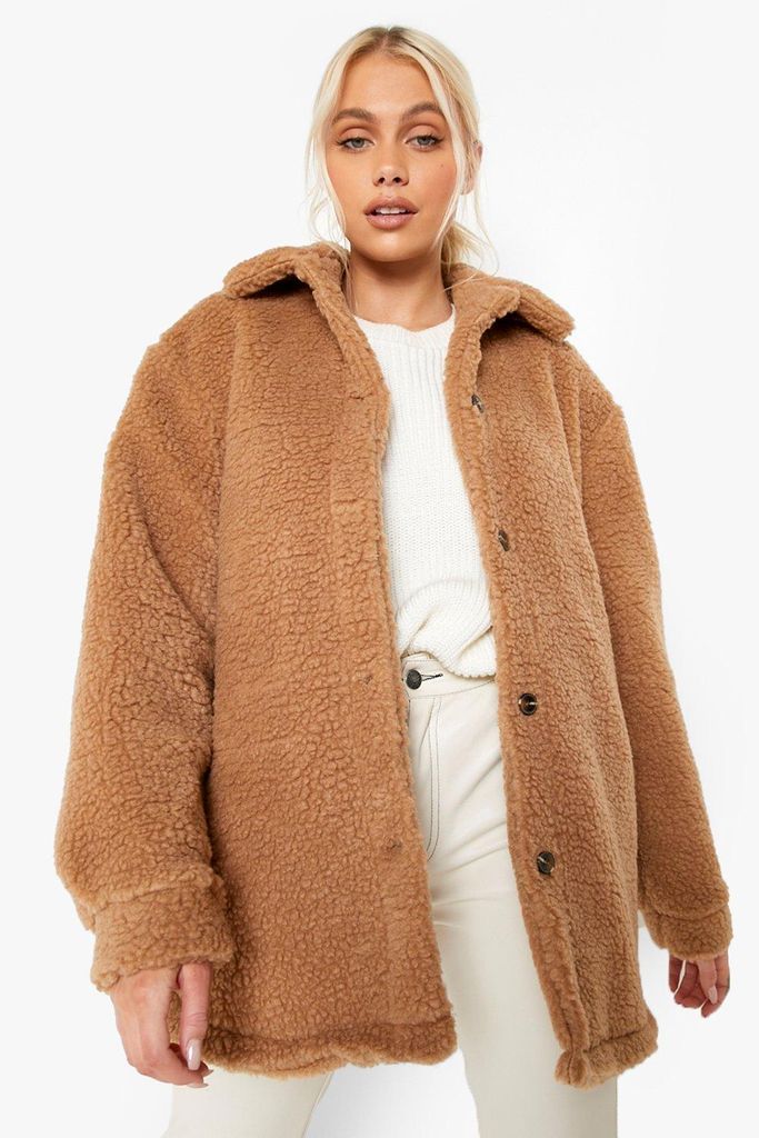 Womens Teddy Faux Fur Oversized Jacket - Beige - 8, Beige