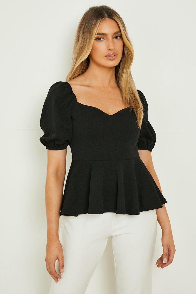 Womens Sweetheart Neck Puff Sleeve Peplum Top - Black - 6, Black