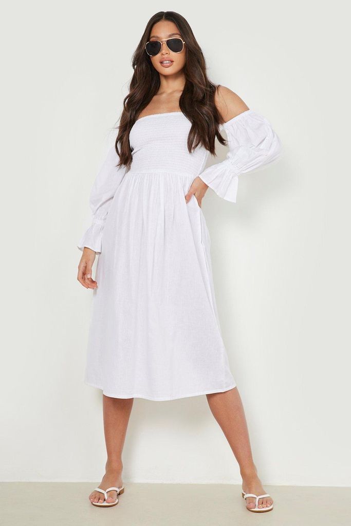 Womens Tall Linen Pleated Shoulder Midi Dress - White - 8, White
