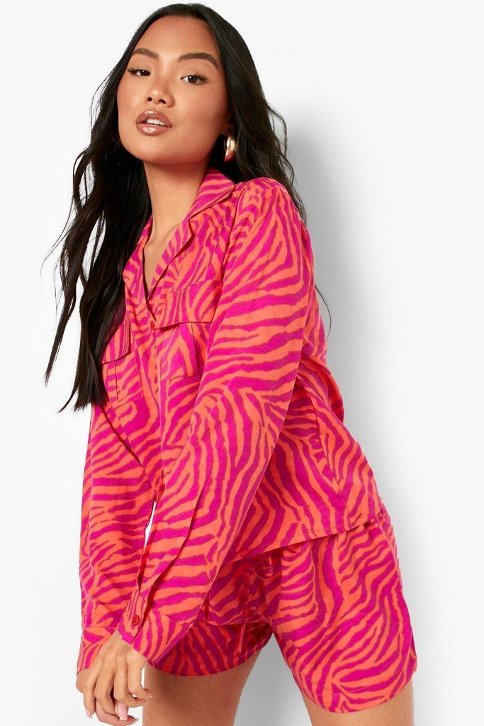 Womens Petite Zebra Print Utility Shirt - Pink - 4, Pink