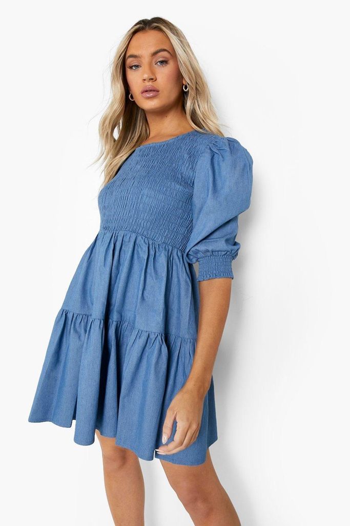 Womens Shirred Puff Sleeve Chambray Smock Dress - Blue - 6, Blue