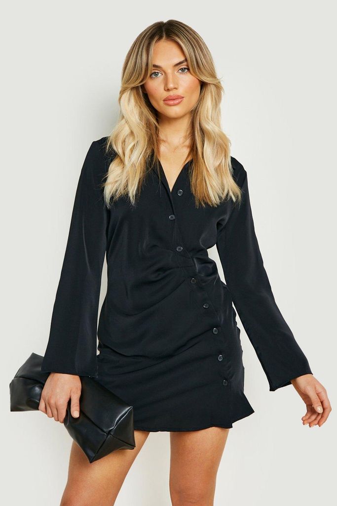Womens Woven Ruched Front Shirt Dress - Black - 8, Black