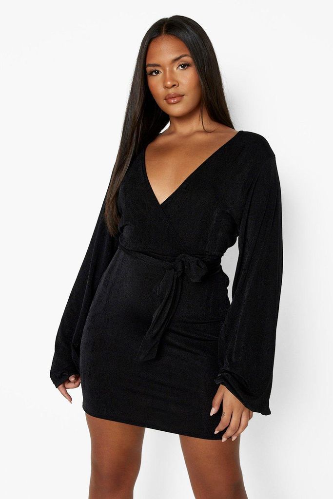 Womens Plus Slinky Blouson Sleeve Wrap Front Dress - Black - 16, Black