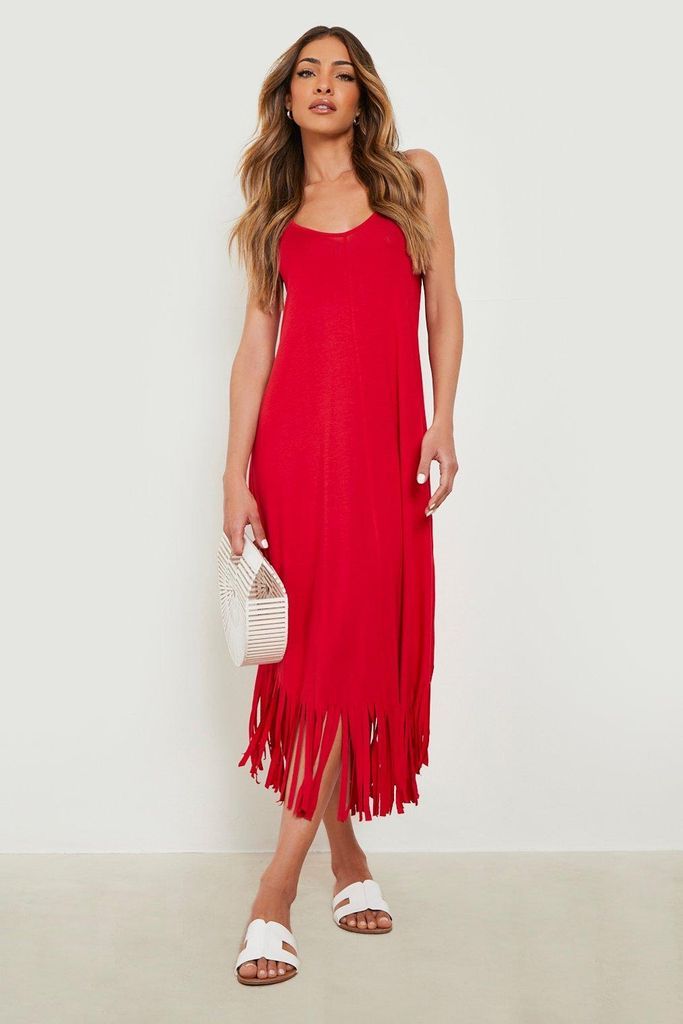 Womens Tassel Hem Strappy Midaxi Dress - Red - 8, Red