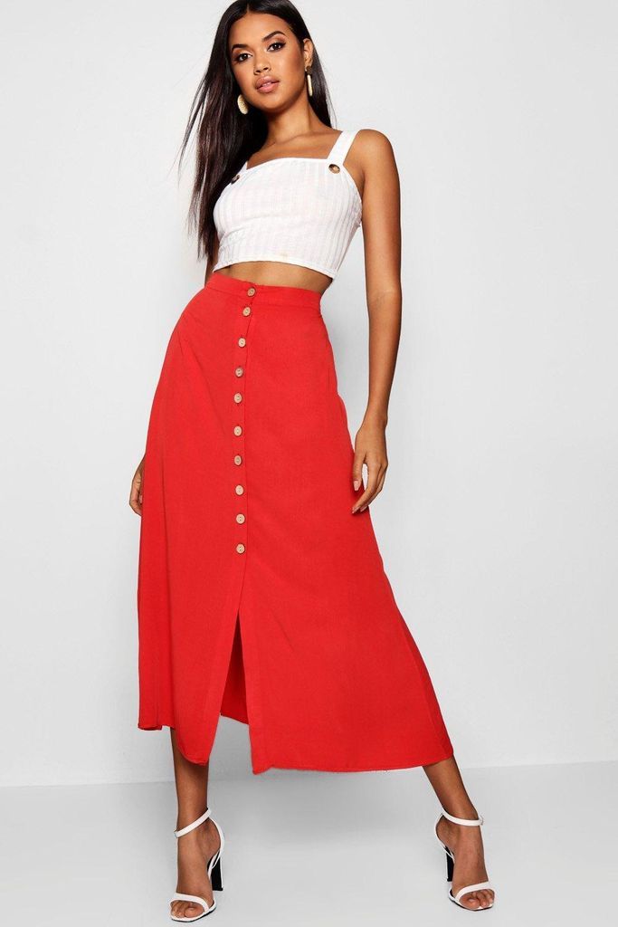 Womens Mock Horn Button Through Midi Skirt - Red - 8, Red
