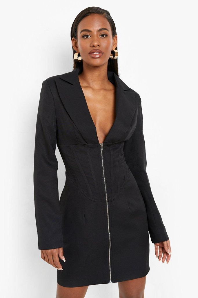 Womens Corset Waist Detail Zip Blazer Dress - Black - 10, Black