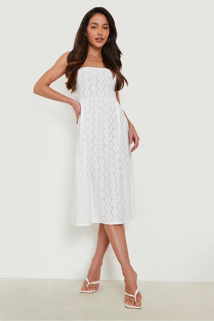 Womens Broderie Sleeveless Midi Beach Dress - White - 8, White