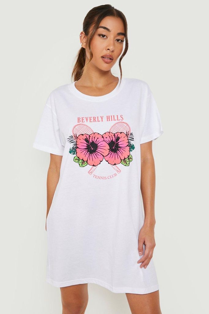 Womens Beverly Hills Flower Slogan T-Shirt Dress - White - 8, White