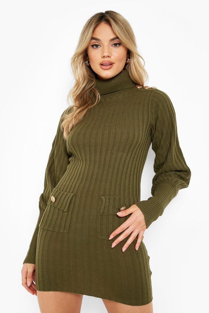 Womens Roll/Polo Neck Knitted Dress With Button Detail - Green - S, Green