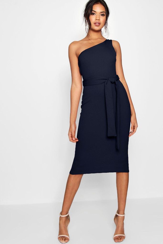 Womens One Shoulder Belted Midi Dress - Navy - 10, Navy