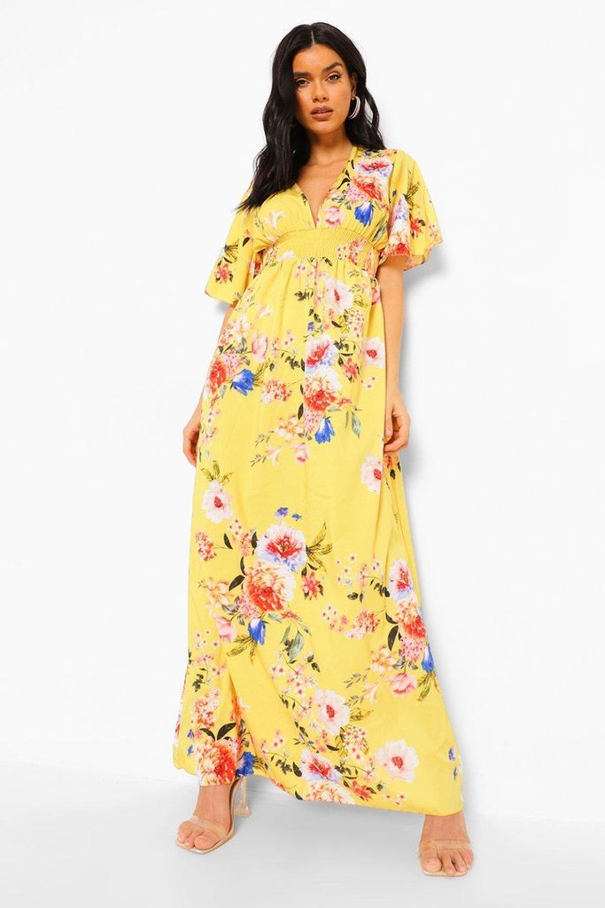 Womens Cap Sleeve Shirred Waist Floral Maxi Dress - Yellow - 8, Yellow