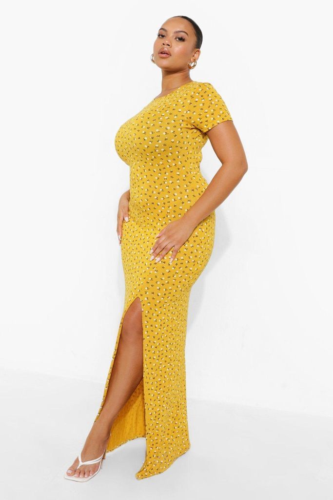 Womens Plus Ditsy Floral Cap Sleeve Split Maxi Dress - Yellow - 28, Yellow