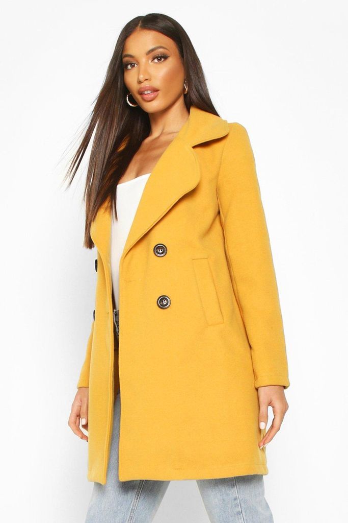 Womens Double Breasted Collared Wool Look Coat - Yellow - 8, Yellow