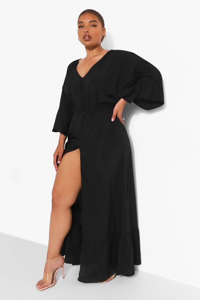 Womens Plus Button Up Maxi Dress - Black - 16, Black