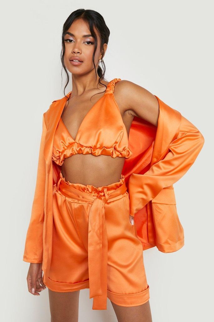 Womens Satin Paperbag Waist Tailored Shorts - Orange - 10, Orange