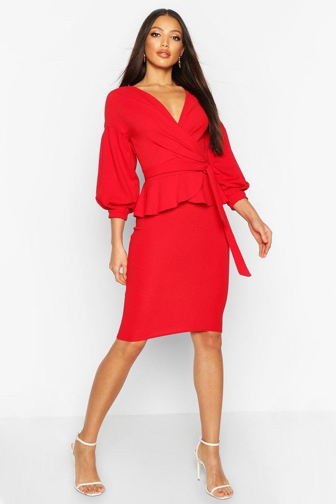 Womens Off The Shoulder Wrap Peplum Midi Dress - Red - 6, Red
